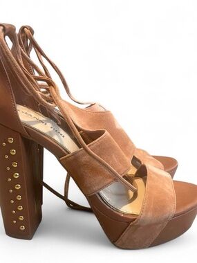 Gianni Bini Tan Suede Lace-Up Platform Heels with Studded Block Heel